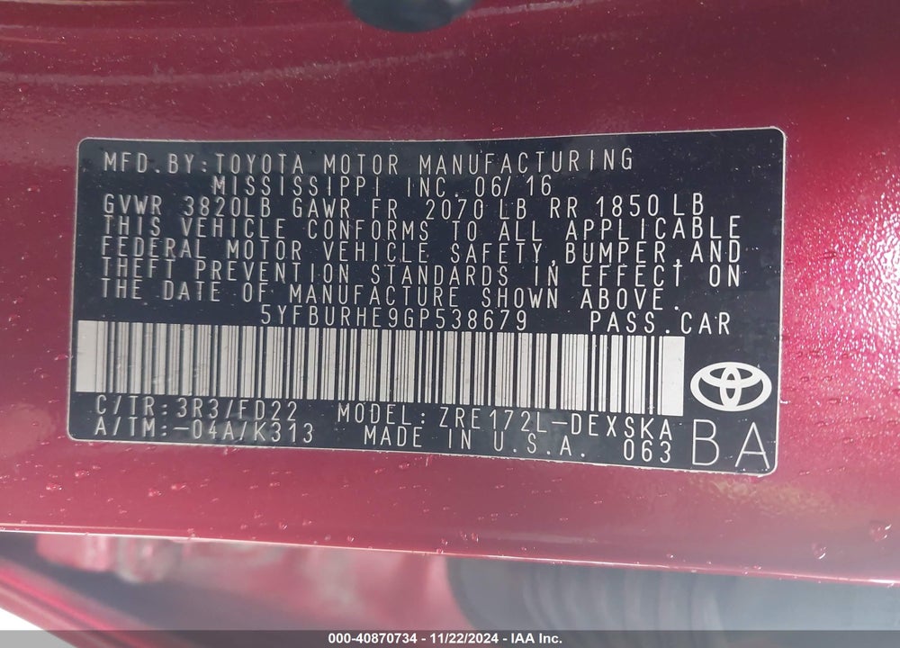 2016 TOYOTA COROLLA S PLUS VIN: 5YFBURHE9GP538679
