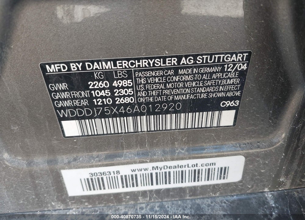 2006 MERCEDES-BENZ CLS 500 VIN: WDDDJ75X46A012920