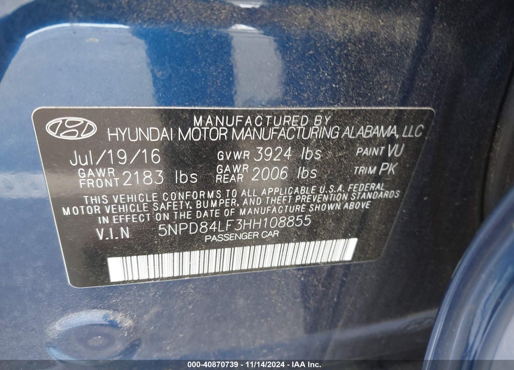 2017 HYUNDAI ELANTRA SE VIN: 5NPD84LF3HH108855