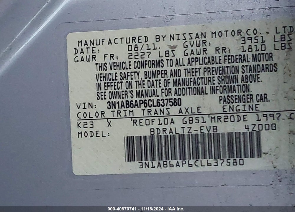 2012 NISSAN SENTRA 2.0 SR VIN: 3N1AB6AP6CL637580