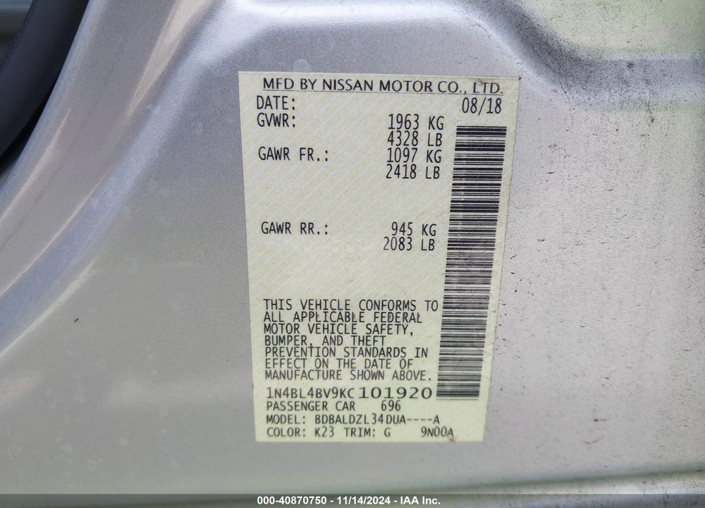 2019 NISSAN ALTIMA 2.5 S VIN: 1N4BL4BV9KC101920