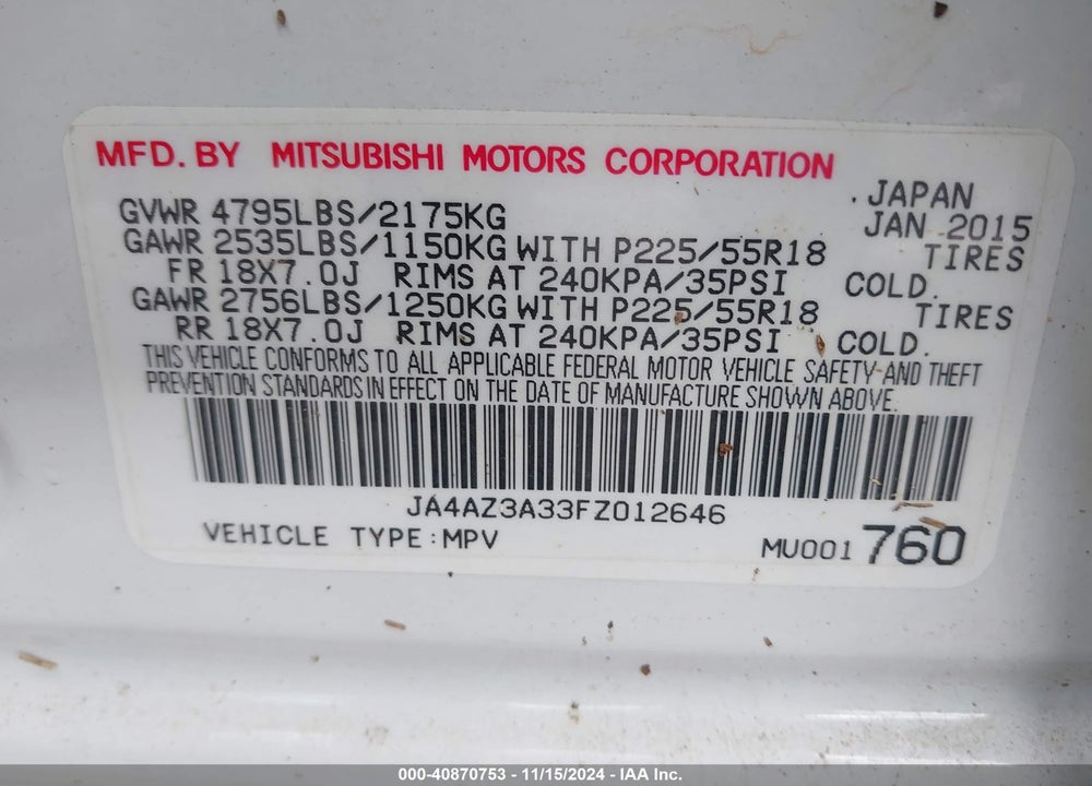 2015 MITSUBISHI OUTLANDER SE VIN: JA4AZ3A33FZ012646
