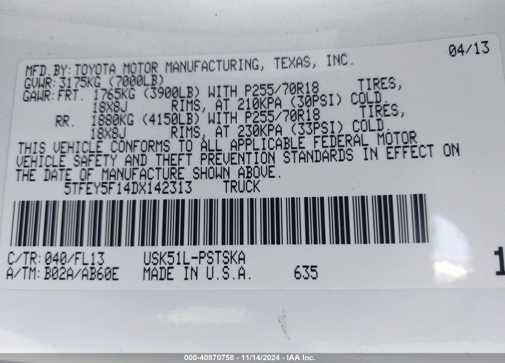 2013 TOYOTA TUNDRA GRADE 5.7L V8 VIN: 5TFEY5F14DX142313