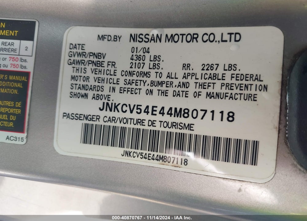 2004 INFINITI G35 VIN: JNKCV54E44M807118