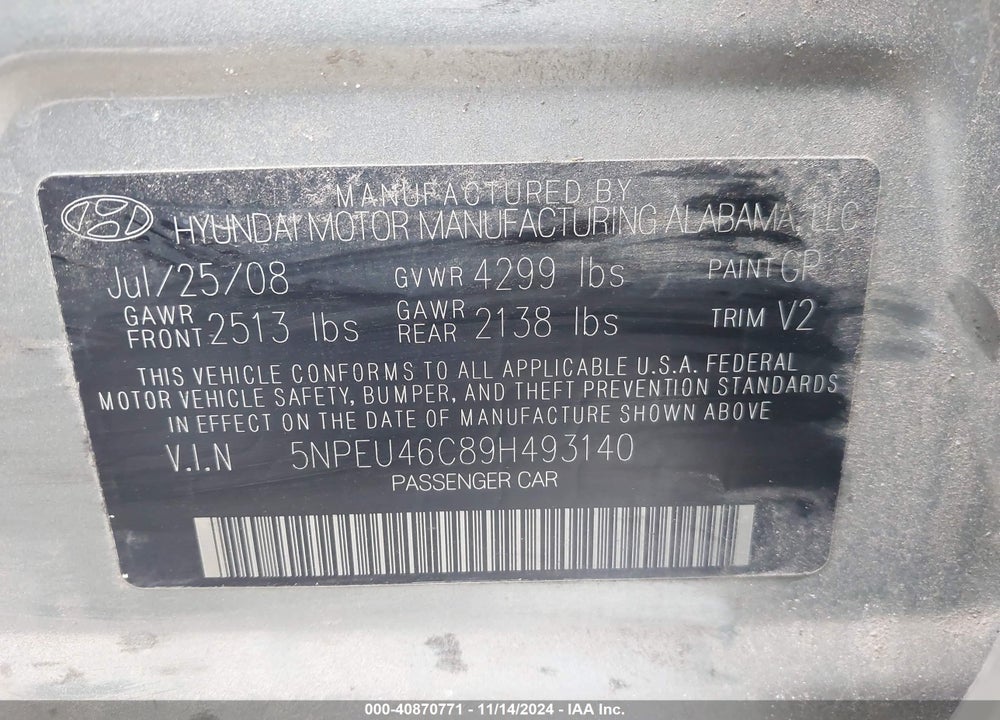 2009 HYUNDAI SONATA LIMITED VIN: 5NPEU46C89H493140