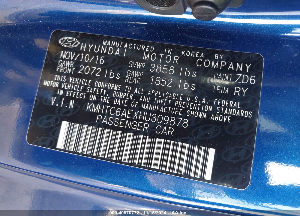 2017 HYUNDAI VELOSTER TURBO VIN: KMHTC6AEXHU309878
