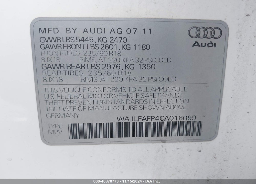 2012 AUDI Q5 2.0T PREMIUM VIN: WA1LFAFP4CA016099