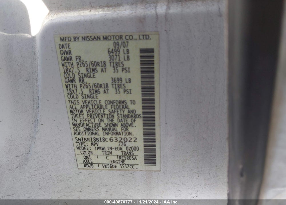 2008 NISSAN PATHFINDER SE V8 VIN: 5N1BR18B18C632022