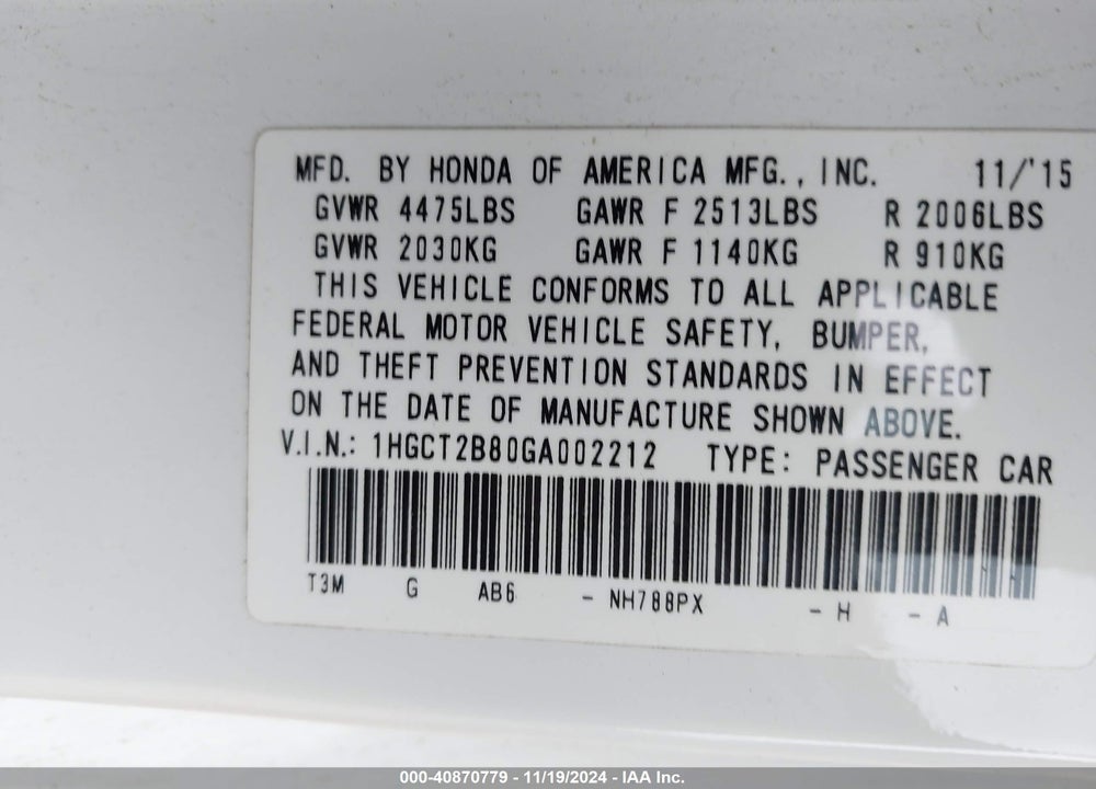 2016 HONDA ACCORD VIN: 1HGCT2B80GA002212