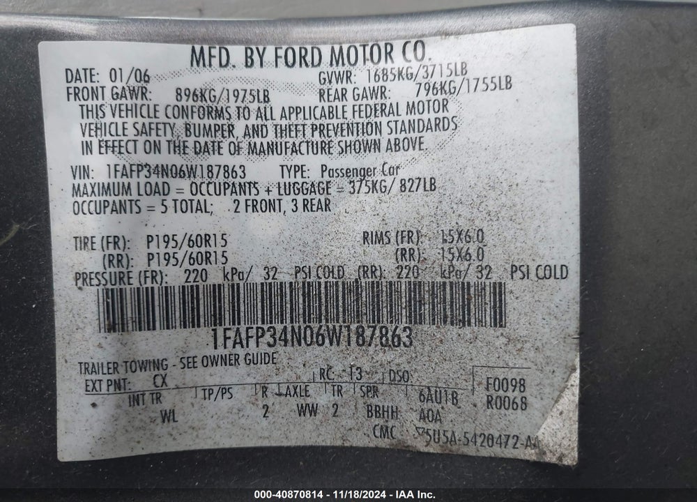 2006 FORD FOCUS ZX4 VIN: 1FAFP34N06W187863