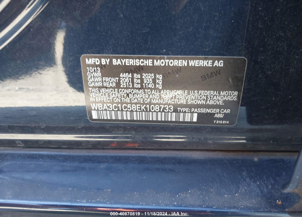 2014 BMW 328I VIN: WBA3C1C58EK108733
