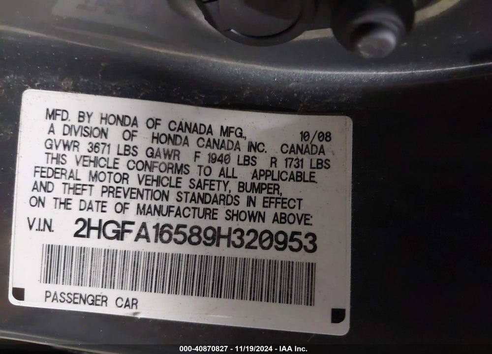 2009 HONDA CIVIC LX VIN: 2HGFA16589H320953
