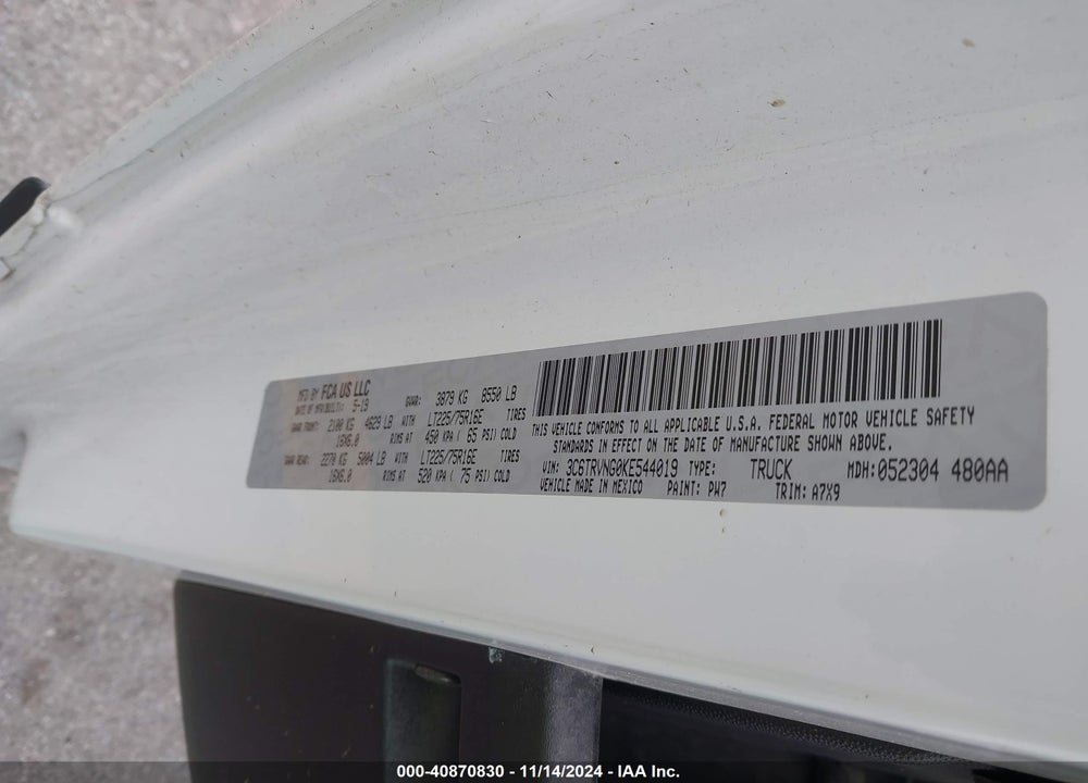 2019 RAM PROMASTER 1500 LOW ROOF 118 WB VIN: 3C6TRVNG0KE544019