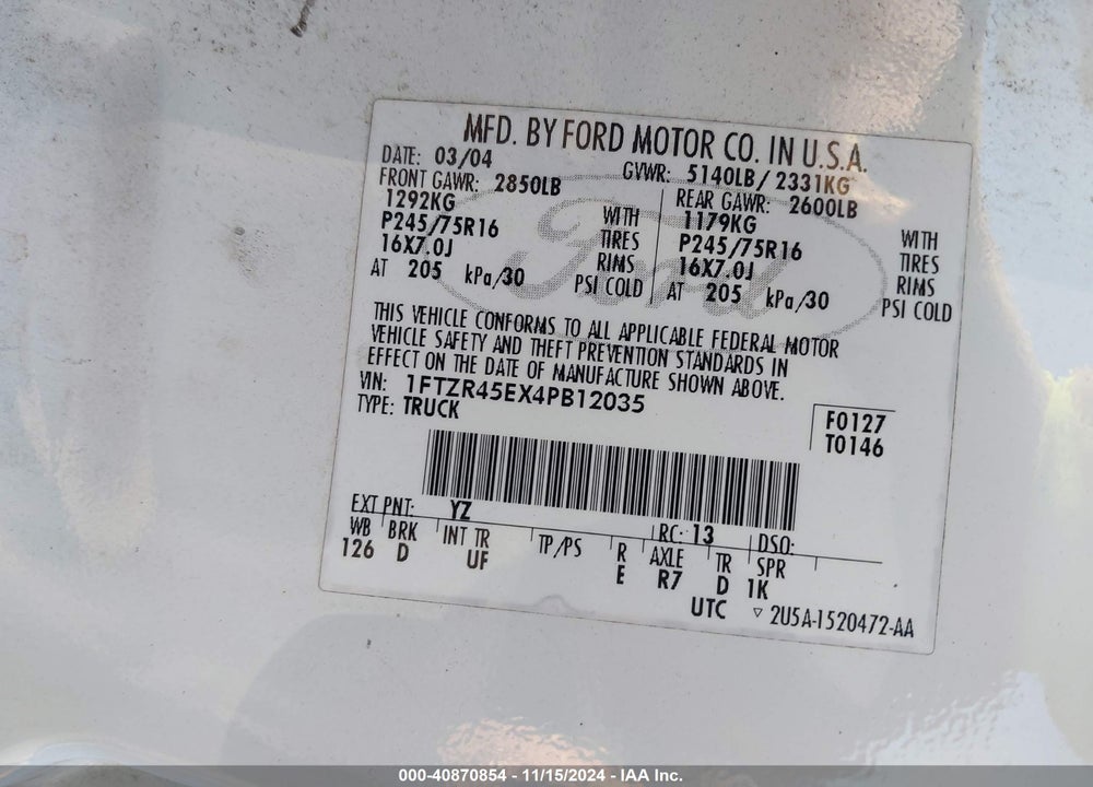 2004 FORD RANGER EDGE/TREMOR/XLT VIN: 1FTZR45EX4PB12035