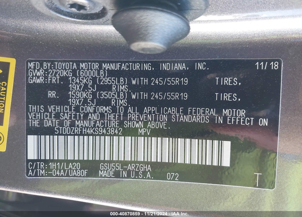 2019 TOYOTA HIGHLANDER LIMITED/PLATINUM VIN: 5TDDZRFH4KS943842