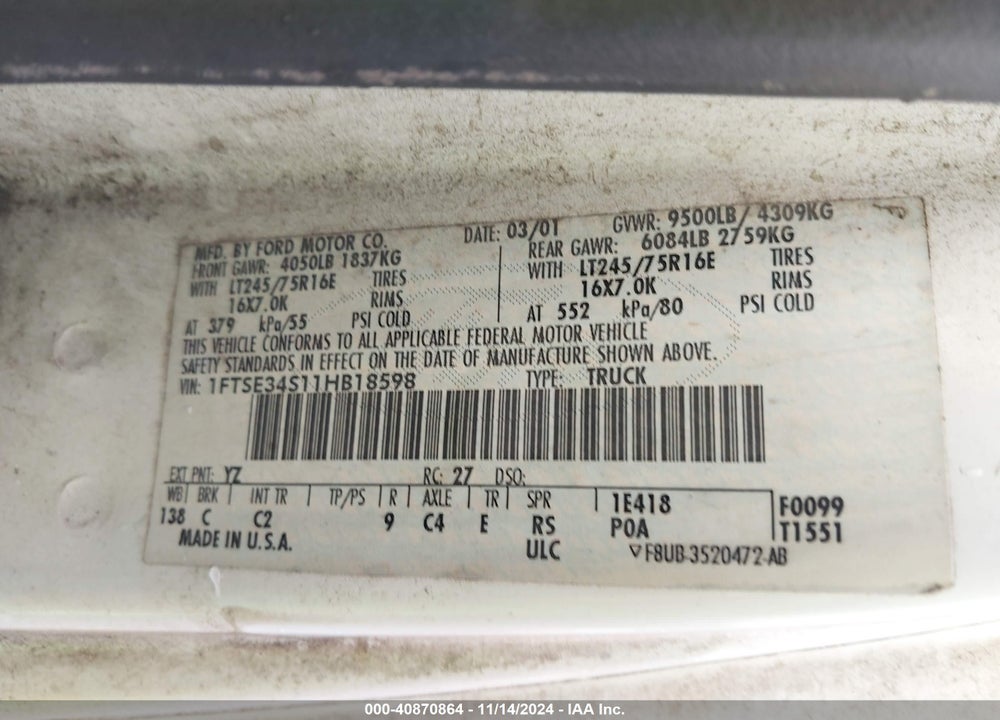 2001 FORD E-350 SUPER DUTY COMMERCIAL/RECREATIONAL VIN: 1FTSE34S11HB18598