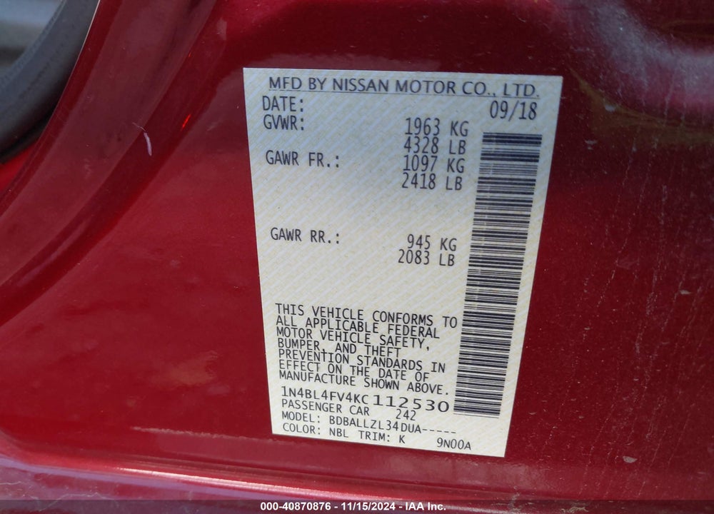 2019 NISSAN ALTIMA 2.5 PLATINUM VIN: 1N4BL4FV4KC112530