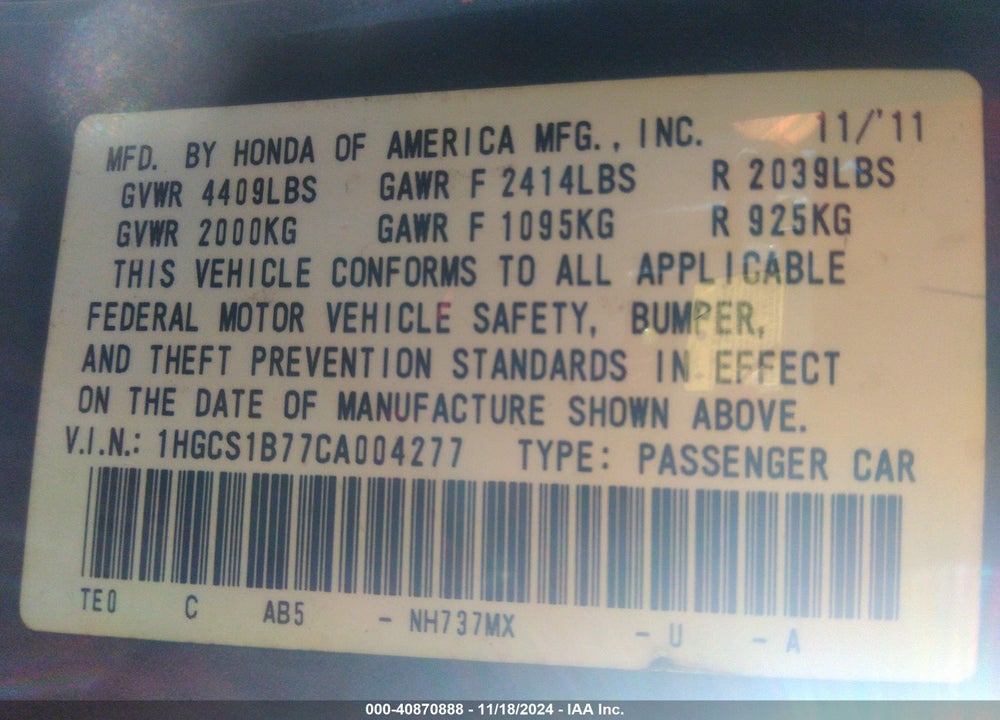 2012 HONDA ACCORD 2.4 EX VIN: 1HGCS1B77CA004277