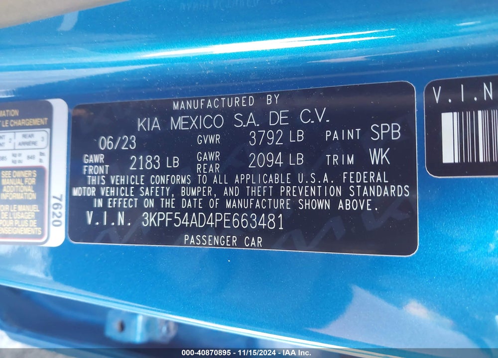 2023 KIA FORTE GT LINE VIN: 3KPF54AD4PE663481