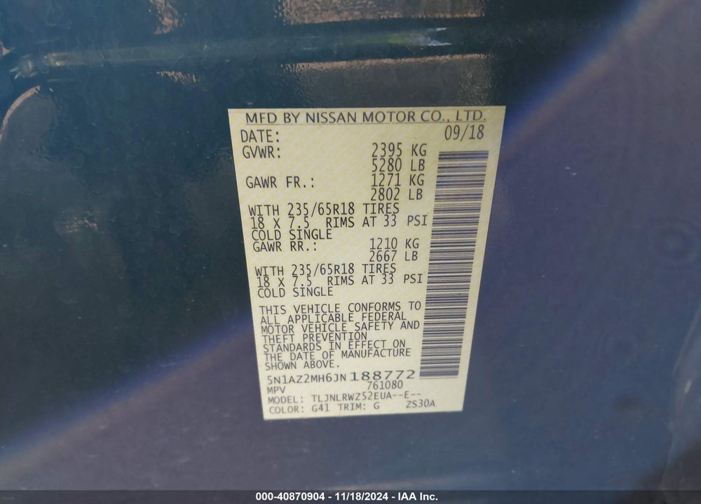 2018 NISSAN MURANO SL VIN: 5N1AZ2MH6JN188772