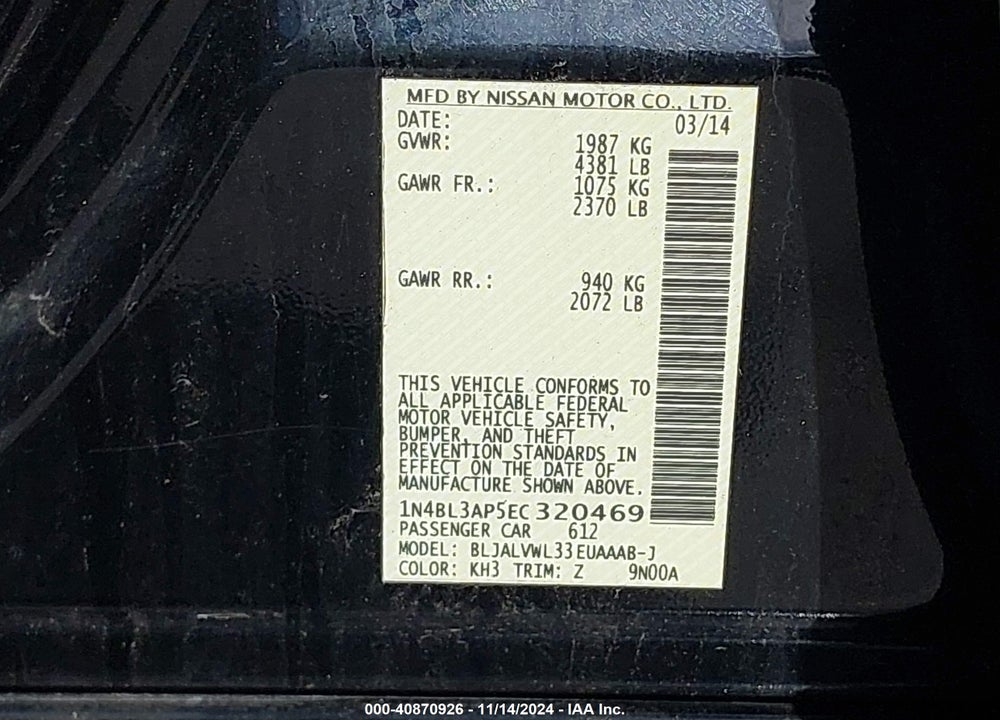 2014 NISSAN ALTIMA 3.5 SL VIN: 1N4BL3AP5EC320469