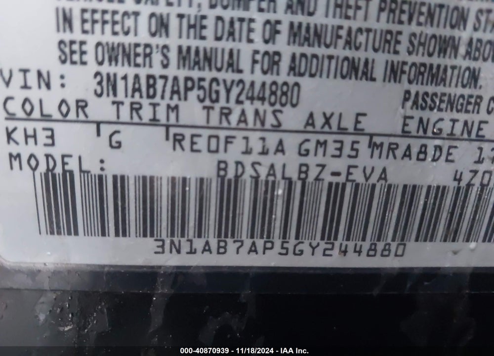 2016 NISSAN SENTRA FE+ S/S/SL/SR/SV VIN: 3N1AB7AP5GY244880