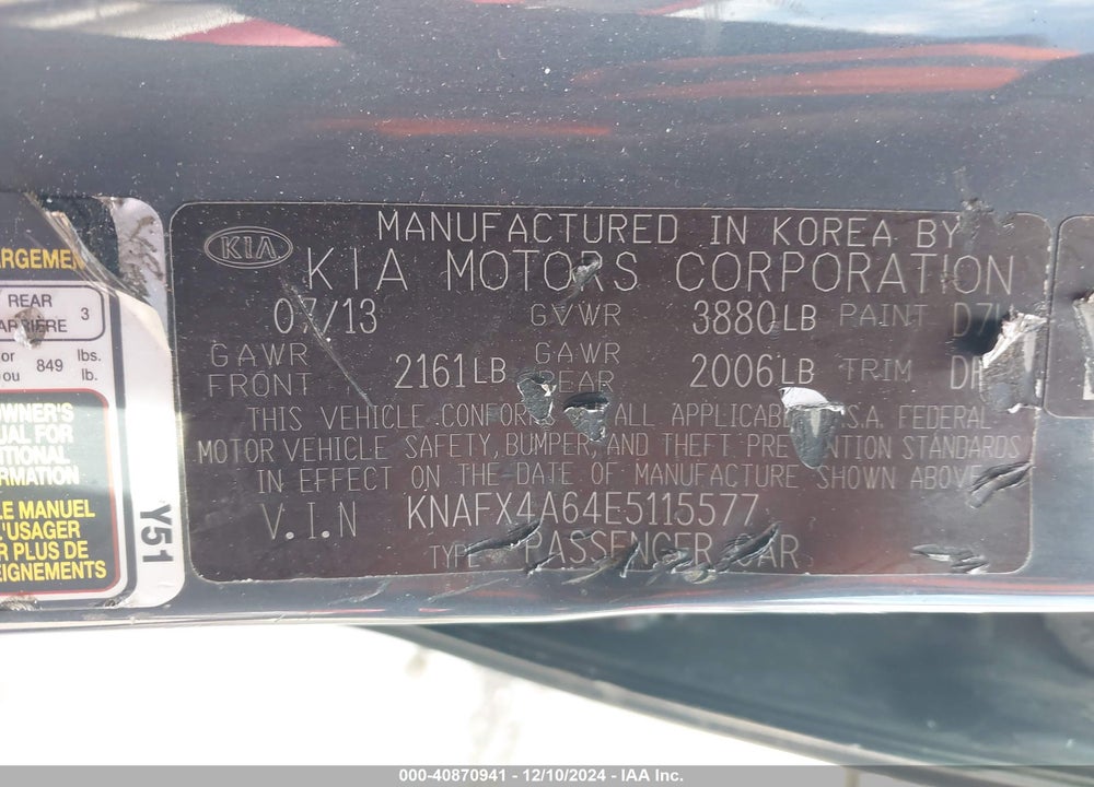 2014 KIA FORTE LX VIN: KNAFX4A64E5115577