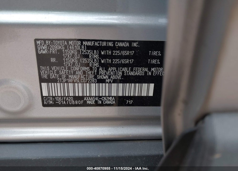 2020 TOYOTA RAV4 XLE VIN: 2T3P1RFV5LC072283