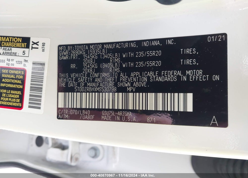 2021 TOYOTA HIGHLANDER LIMITED VIN: 5TDDZRBHXMS530798