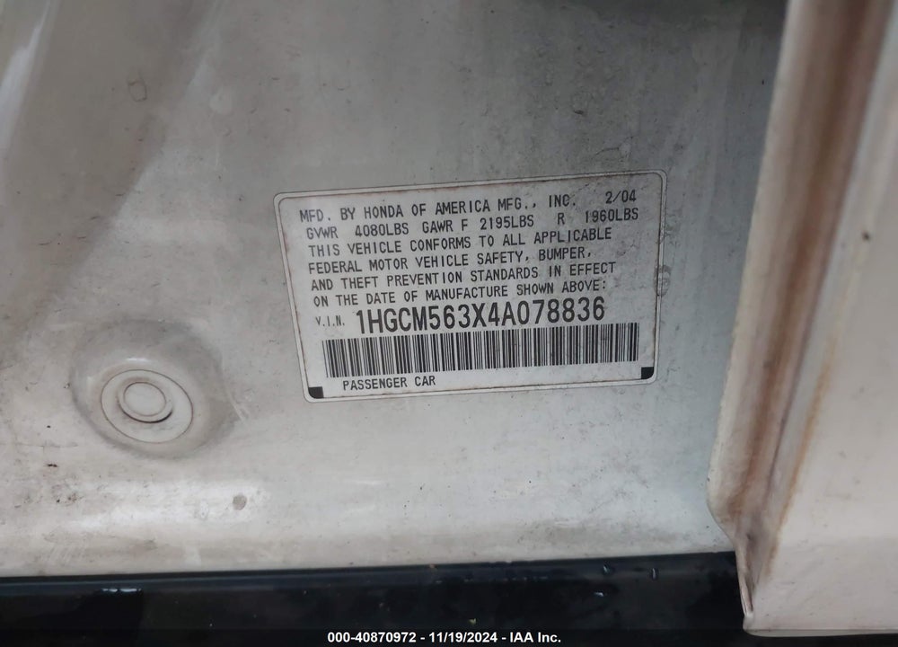 2004 HONDA ACCORD 2.4 LX VIN: 1HGCM563X4A078836