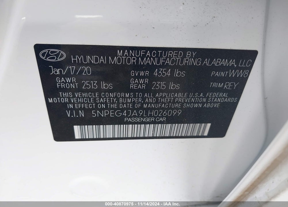 2020 HYUNDAI SONATA SE VIN: 5NPEG4JA9LH026099