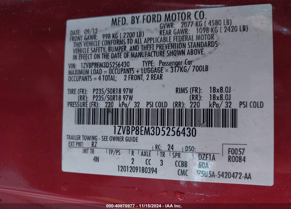 2013 FORD MUSTANG V6 PREMIUM VIN: 1ZVBP8EM3D5256430