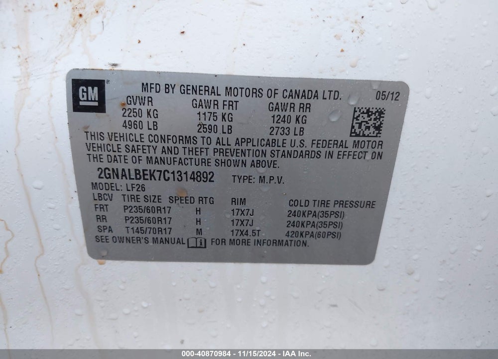 2012 CHEVROLET EQUINOX LS VIN: 2GNALBEK7C1314892