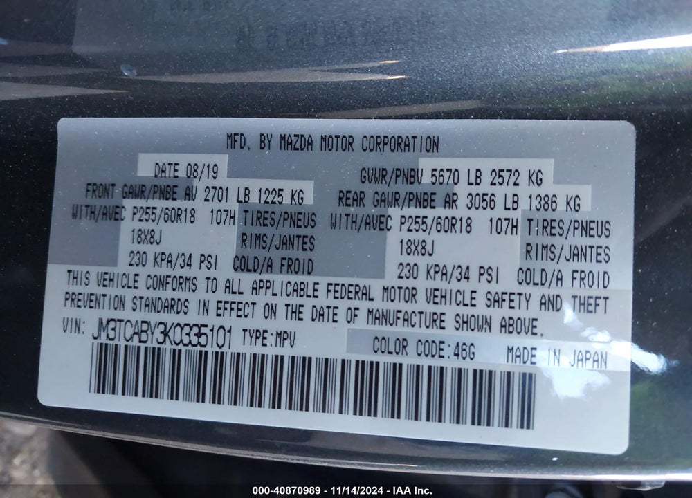 2019 MAZDA CX-9 SPORT VIN: JM3TCABY3K0335101