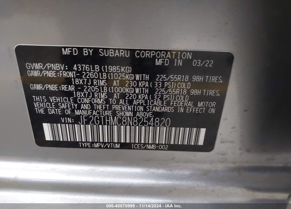 2022 SUBARU CROSSTREK LIMITED VIN: JF2GTHMC8N8254820