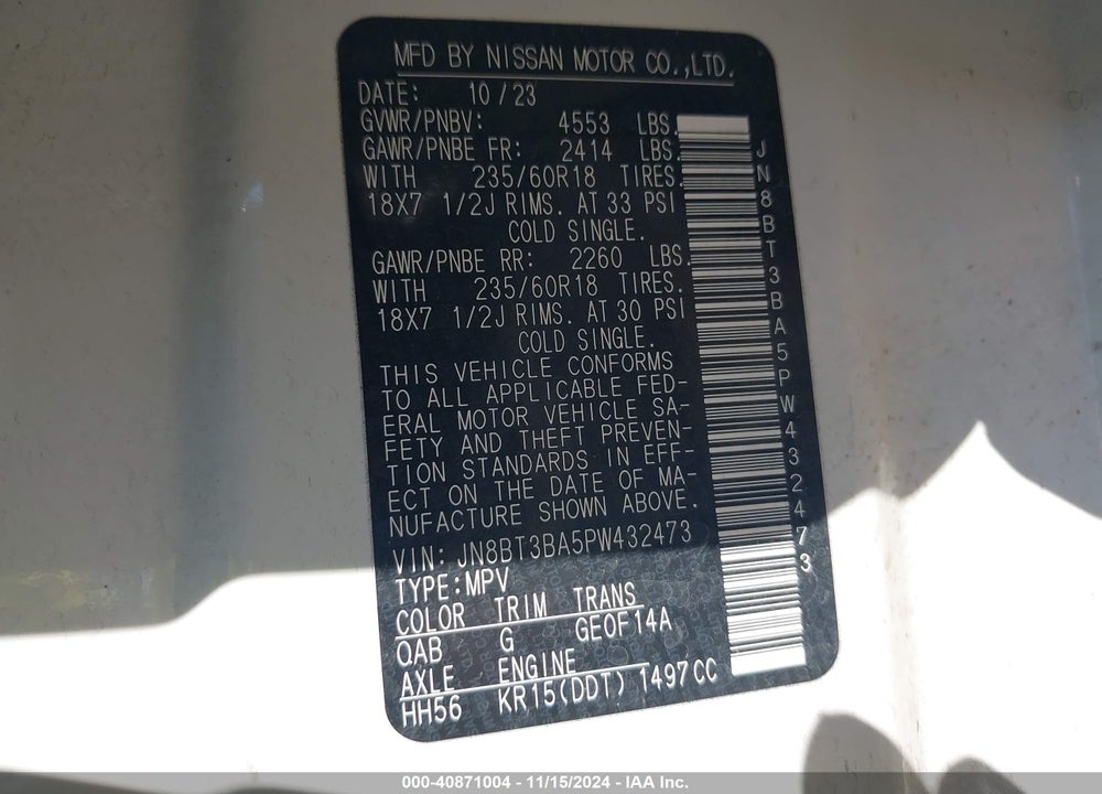 2023 NISSAN ROGUE SV FWD VIN: JN8BT3BA5PW432473