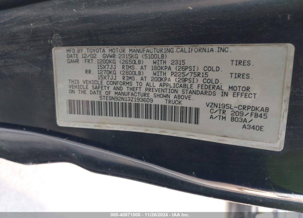 2003 TOYOTA TACOMA PRERUNNER V6 VIN: 5TESN92N13Z193609