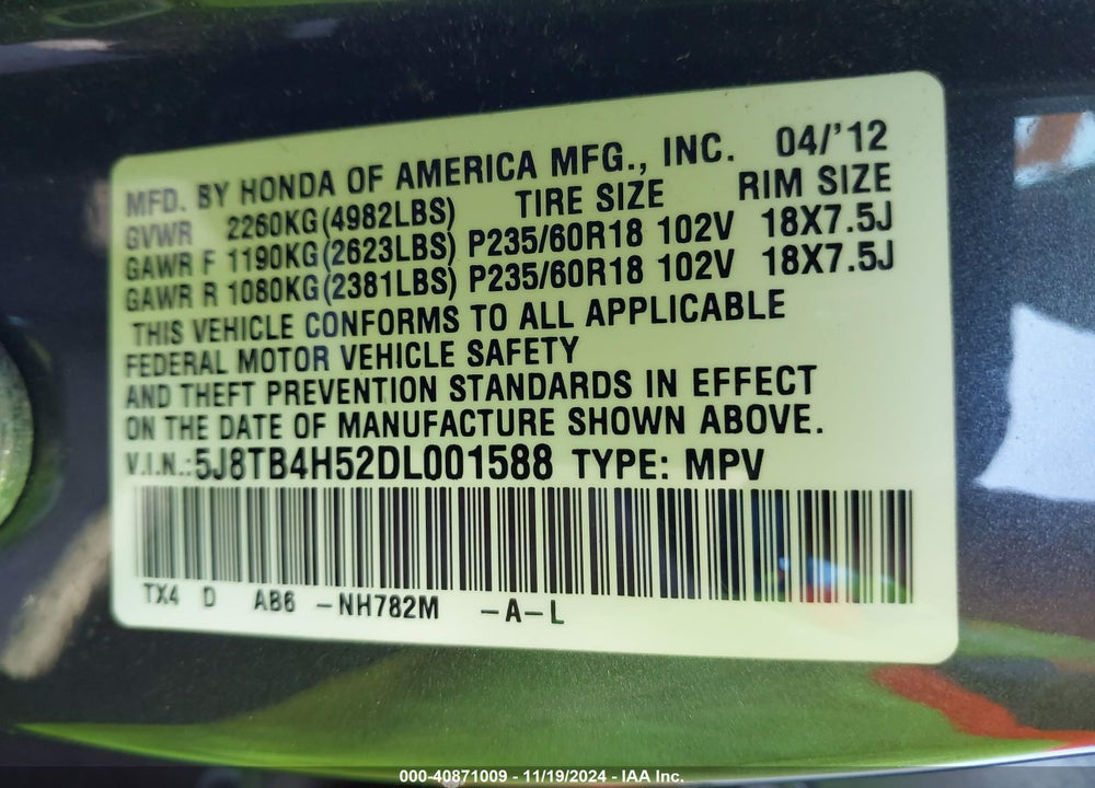 2013 ACURA RDX VIN: 5J8TB4H52DL001588