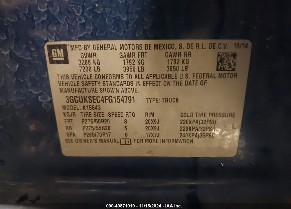 2015 CHEVROLET SILVERADO 1500 2LZ VIN: 3GCUKSEC4FG154791