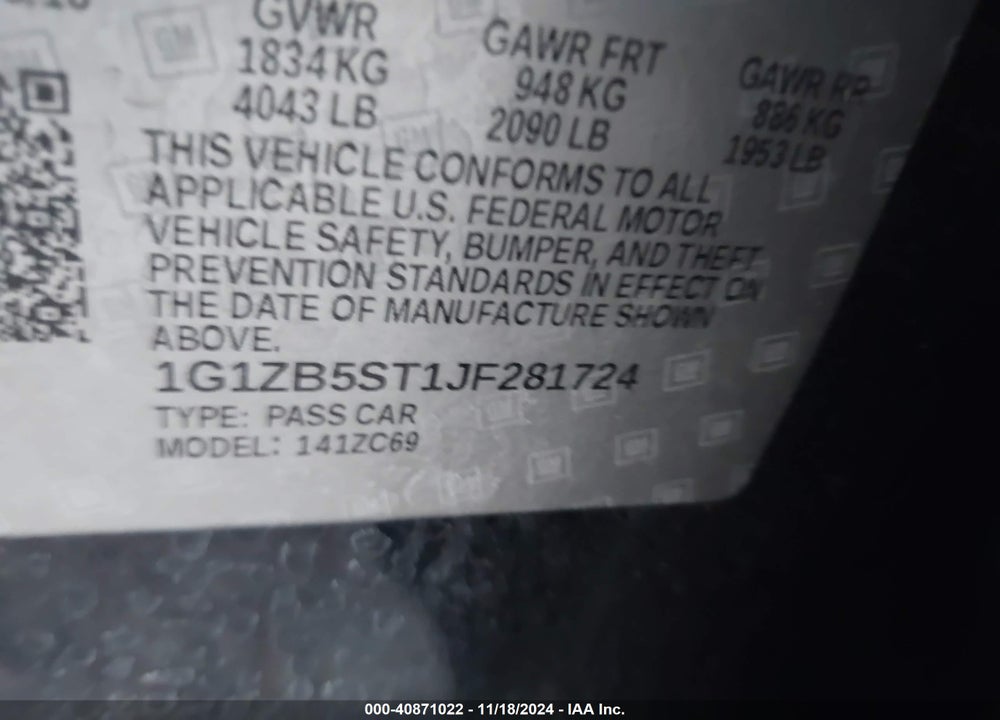 2018 CHEVROLET MALIBU 1LS VIN: 1G1ZB5ST1JF281724