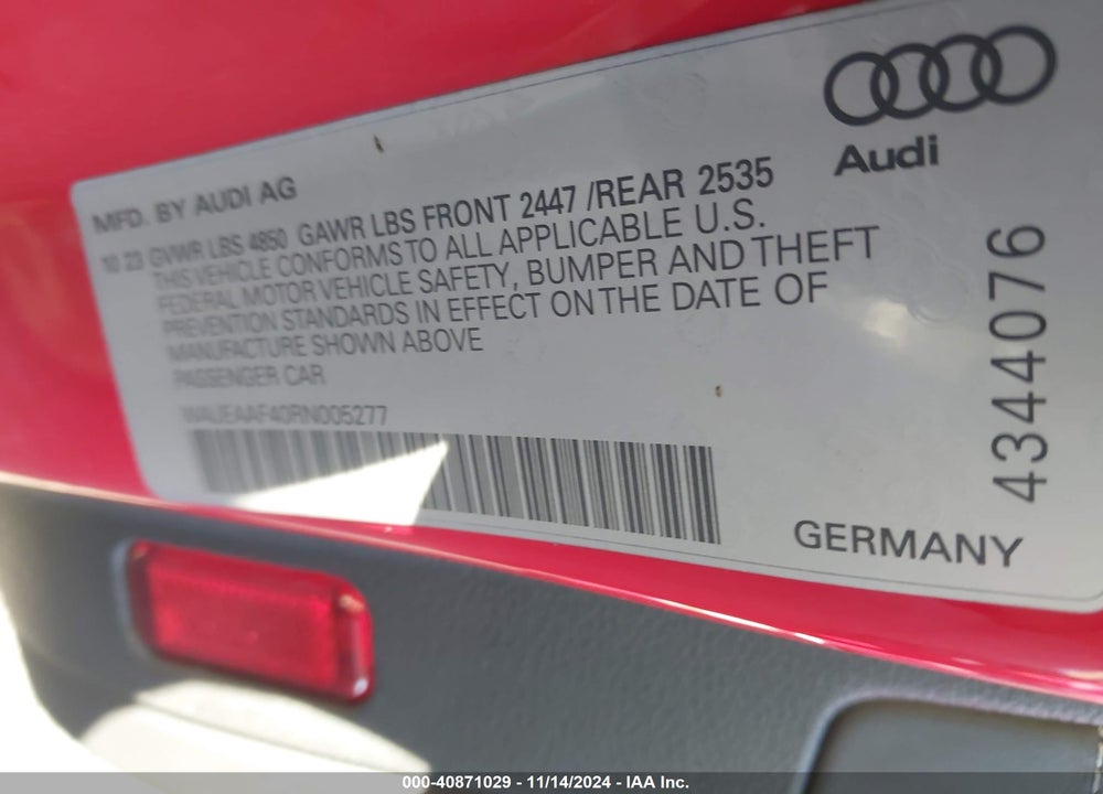 2024 AUDI A4 PREMIUM PLUS 45 TFSI S LINE QUATTRO S TRONIC VIN: WAUEAAF40RN005277