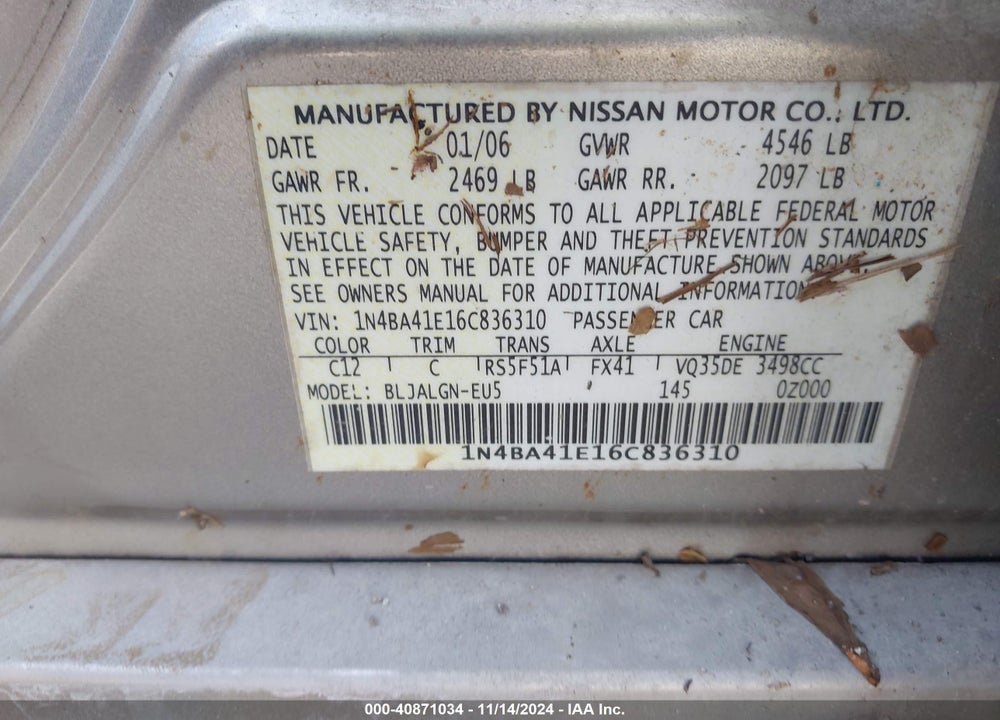 2006 NISSAN MAXIMA 3.5 SL VIN: 1N4BA41E16C836310