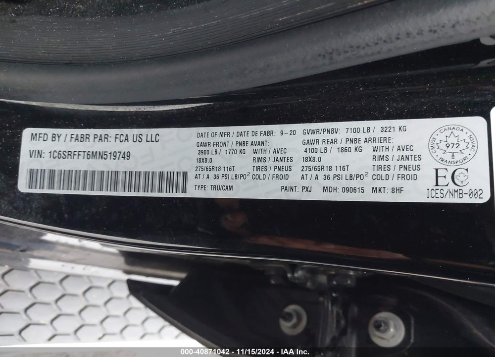 2021 RAM 1500 BIG HORN VIN: 1C6SRFFT6MN519749