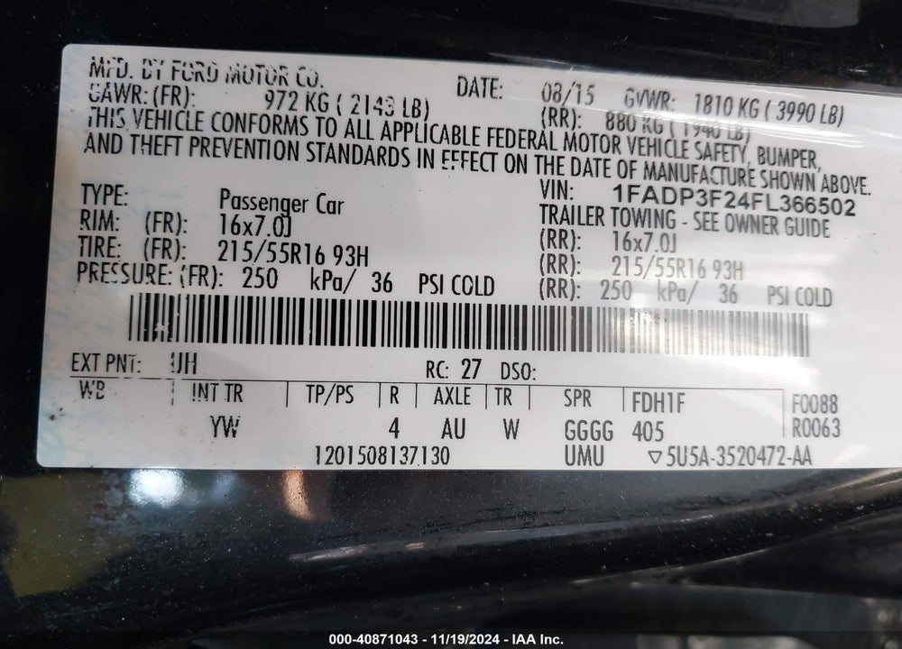 2015 FORD FOCUS SE VIN: 1FADP3F24FL366502