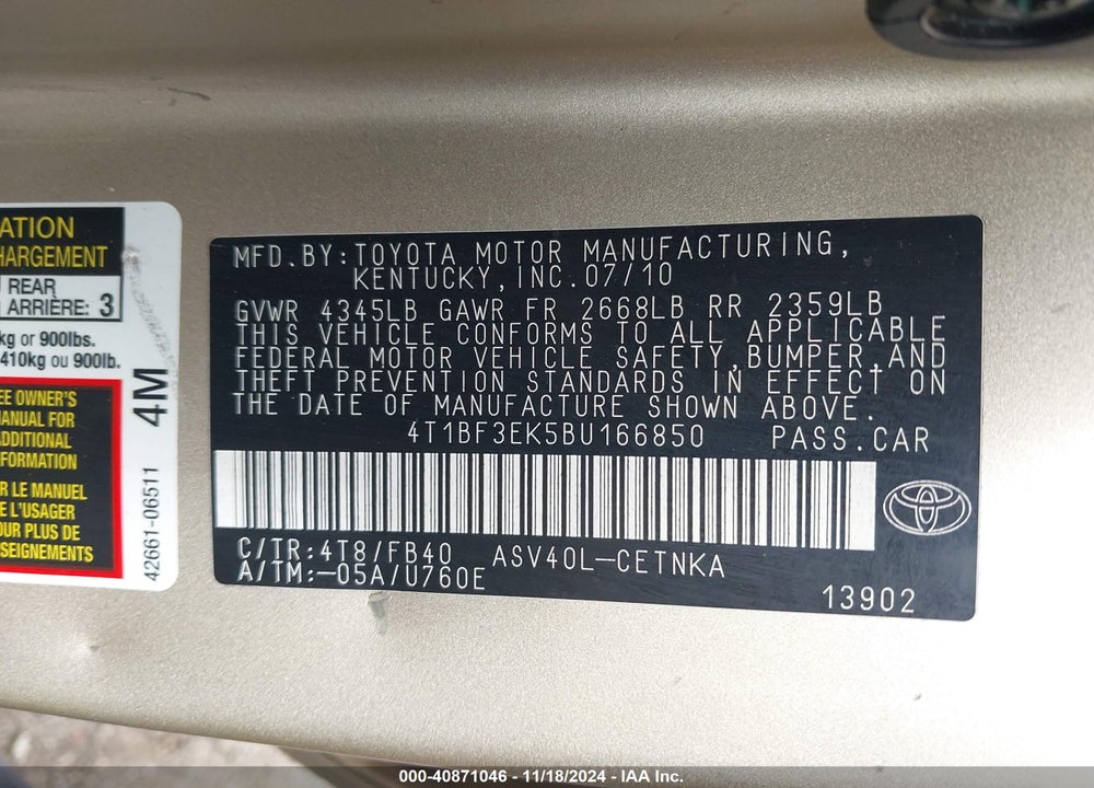 2011 TOYOTA CAMRY LE VIN: 4T1BF3EK5BU166850