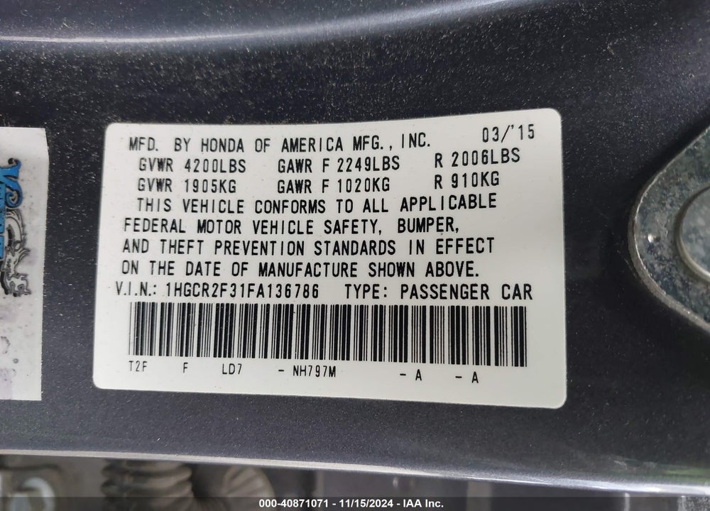 2015 HONDA ACCORD LX VIN: 1HGCR2F31FA136786