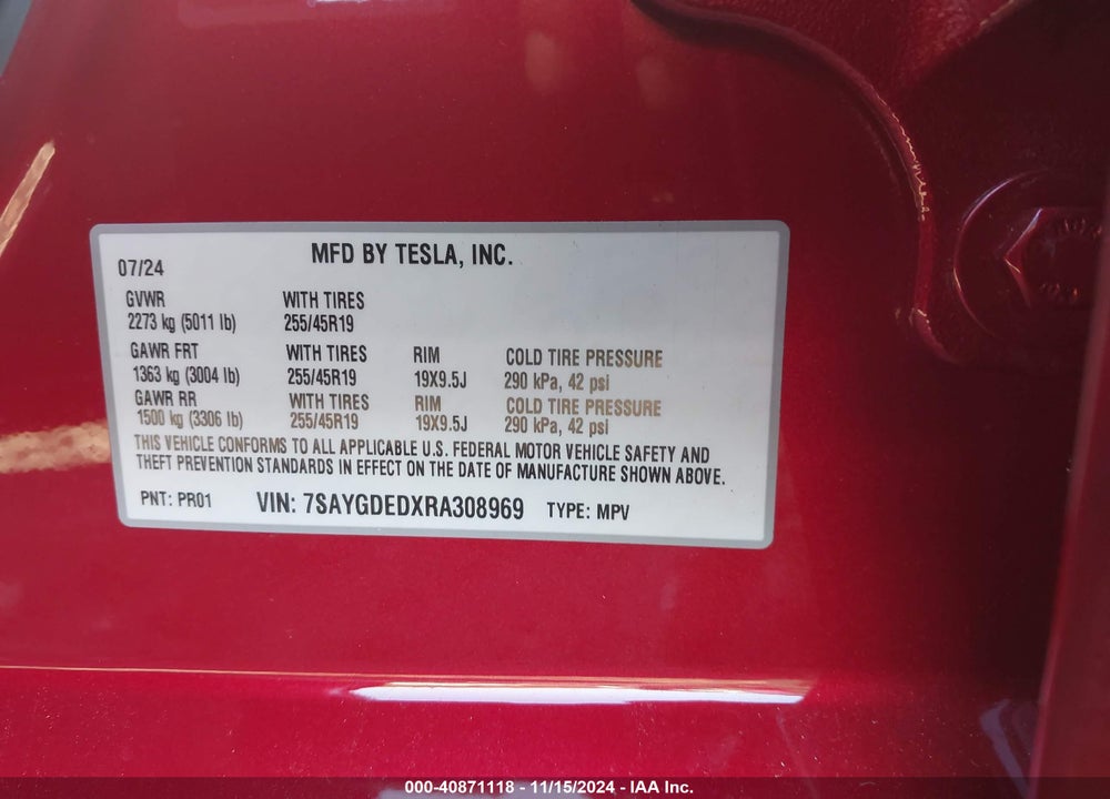 2024 TESLA MODEL Y LONG RANGE DUAL MOTOR ALL-WHEEL DRIVE/RWD VIN: 7SAYGDEDXRA308969