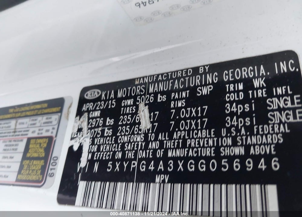 2016 KIA SORENTO 2.4L LX VIN: 5XYPG4A3XGG056946