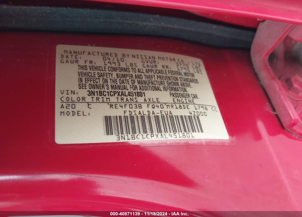 2010 NISSAN VERSA VIN: 3N1BC1CPXAL451801