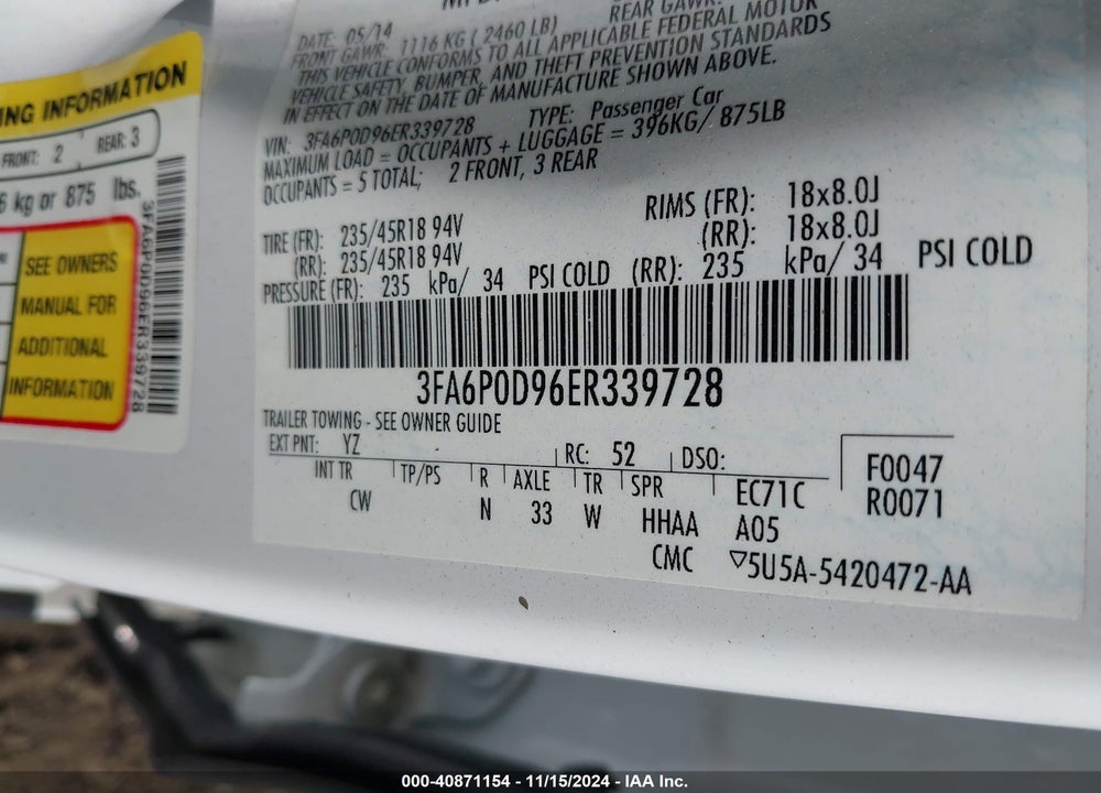 2014 FORD FUSION TITANIUM VIN: 3FA6P0D96ER339728
